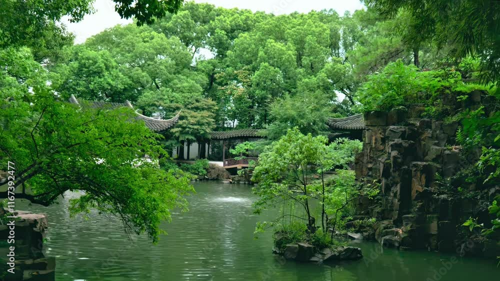 Explore a serene garden with a tranquil pond and lush greenery near traditional architecture Explore a serene garden with a tranquil pond and lush greenery near traditional architecture