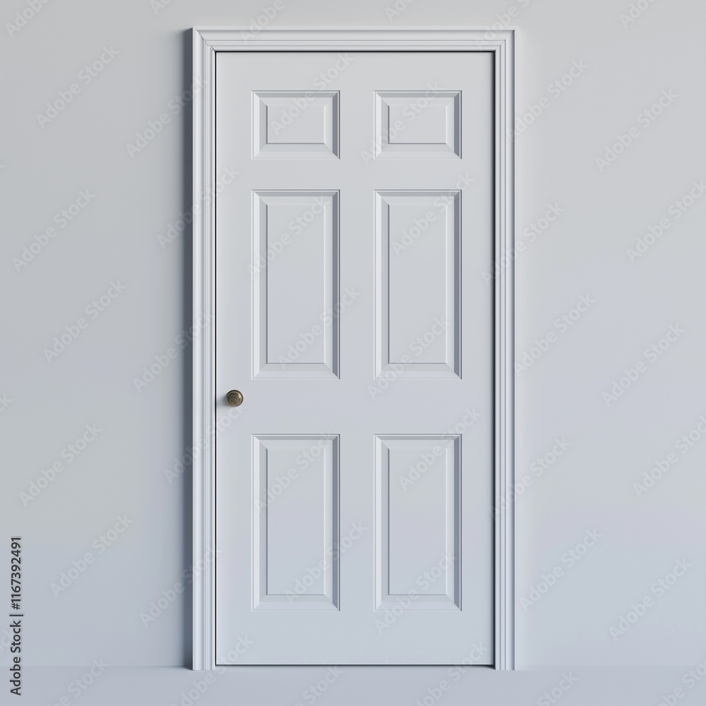 A white door with six squares on the front, without a window or lock.
A white door with six squares on the front, without a window or lock.