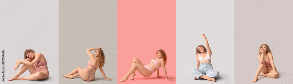Obraz premium Set of happy body positive woman in underwear on color background