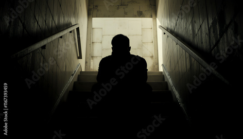 mental health concept, silhouette of a man sitting in a staircase crying. feeling alone, dark picture with sad vibes photo