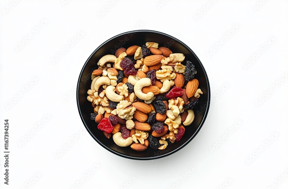 Black bowl with a mix of nuts and dried fruits on a white background, top view. Black bowl with a mix of nuts and dried fruits on a white background, top view.