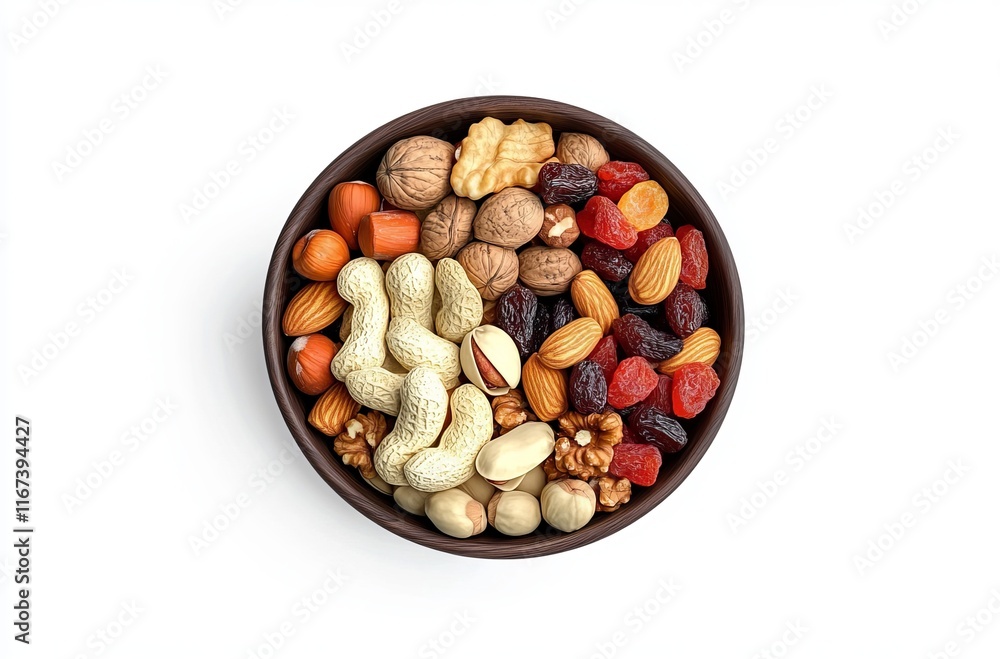 Black bowl with a mix of nuts and dried fruits on a white background, top view. Black bowl with a mix of nuts and dried fruits on a white background, top view.