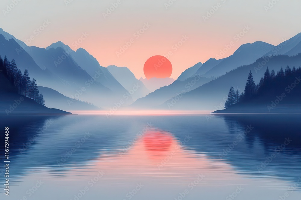 minimalistic vector illustration of a serene lake at sunrise featuring gentle hues reflecting on calm waters evoking tranquility and the beauty of nature