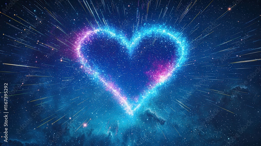 Valentine, Love. Glowing heart shape in a cosmic background of stars and colors. Valentine, Love. Glowing heart shape in a cosmic background of stars and colors.