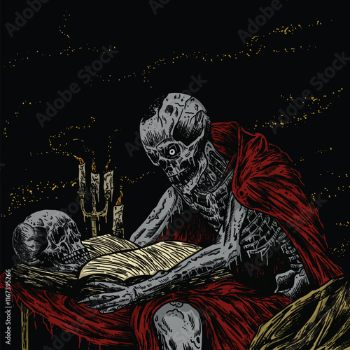 hand drawn skull reading death metal illustration