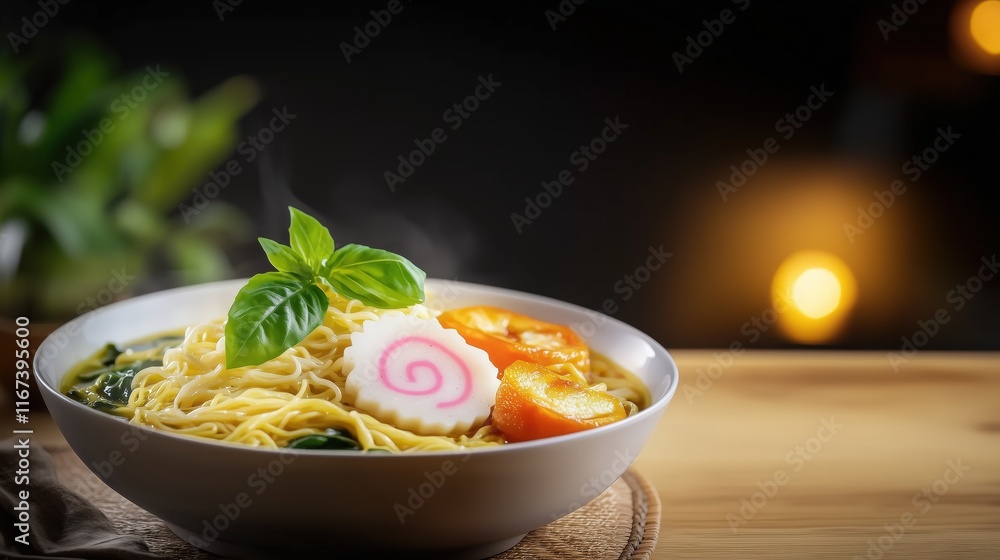 A bowl of vibrant Japanese ramen served on a wooden table in a traditional dining setting A bowl of vibrant Japanese ramen served on a wooden table in a traditional dining setting