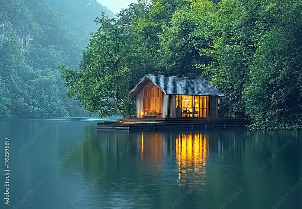 A small wooden house on the water, surrounded by lush green trees and reflecting light off the calm waters. A small wooden house on the water, surrounded by lush green trees and reflecting light off the calm waters.