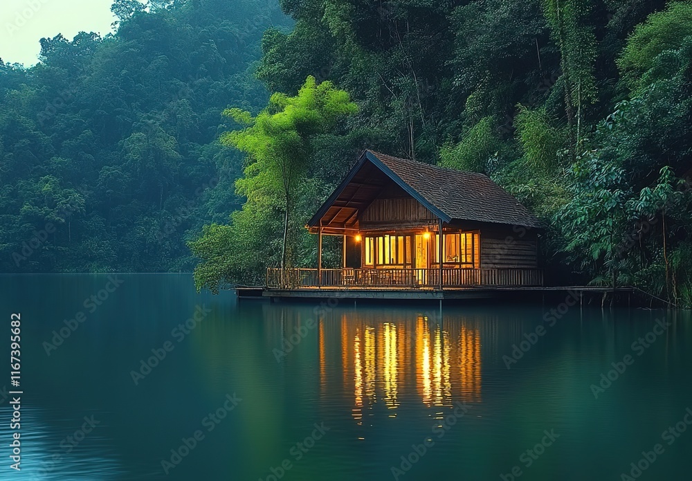 A small wooden house on the water, surrounded by lush green trees and reflecting light off the calm waters. A small wooden house on the water, surrounded by lush green trees and reflecting light off the calm waters.