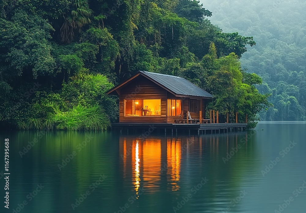 A small wooden house on the water, surrounded by lush green trees and reflecting light off the calm waters. A small wooden house on the water, surrounded by lush green trees and reflecting light off the calm waters.