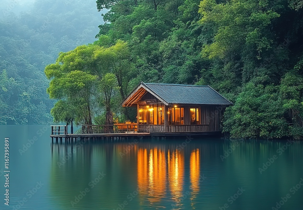 Fototapeta premium A small wooden house on the water, surrounded by lush green trees and reflecting light off the calm waters.