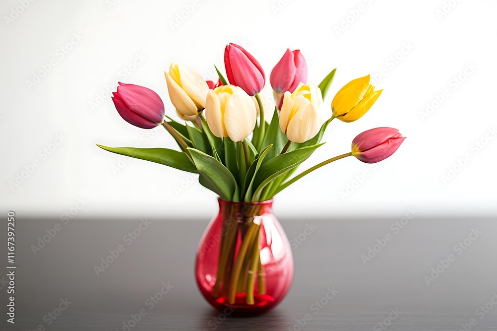 Bouquet of tulips in red vase. Bouquet of tulips in red vase.