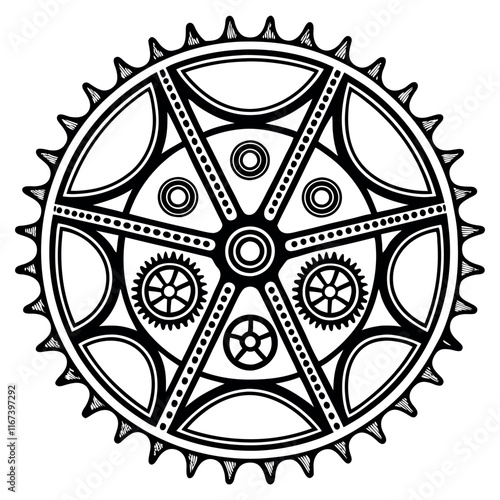 Mandala with a steampunk influence, featuring cogs, gears, and mechanical illustration