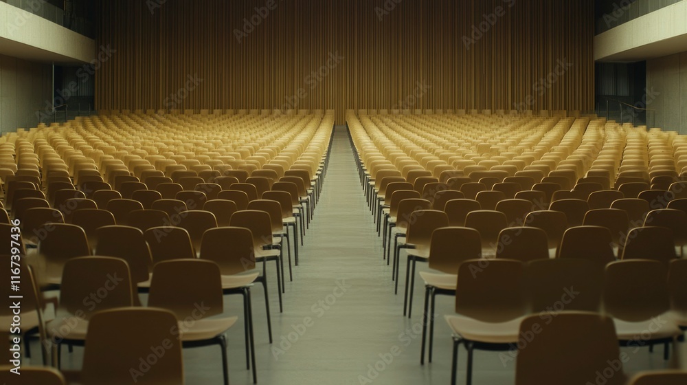 Empty Auditorium Rows Of Beige Chairs And Curtains Empty Auditorium Rows Of Beige Chairs And Curtains