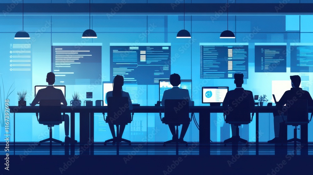 Modern Office Team Working on Technology and Data Analysis Projects Modern Office Team Working on Technology and Data Analysis Projects
