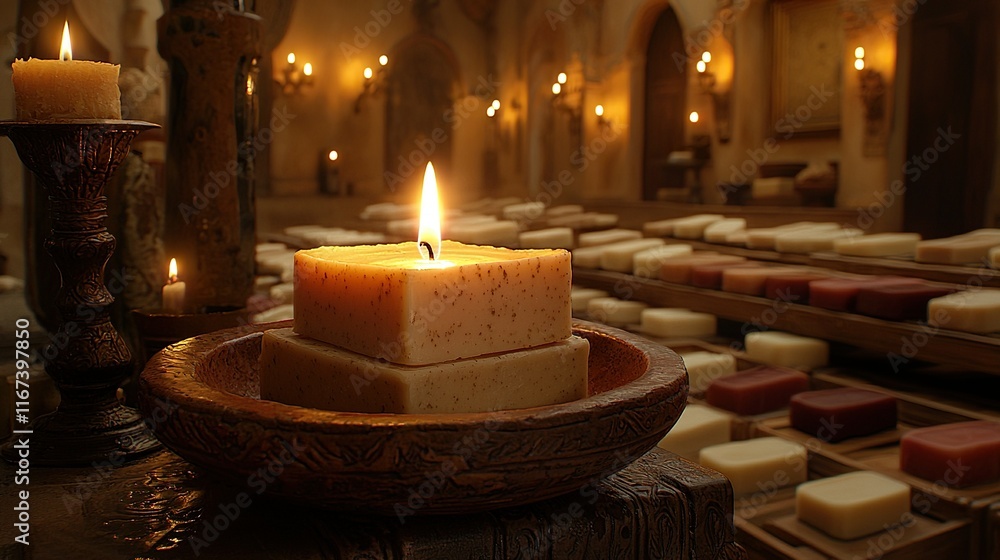 Soap bars and lit candles in room with more bars, crafting use. Soap bars and lit candles in room with more bars, crafting use.