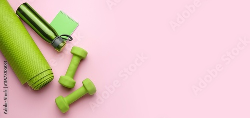 Dumbbells, yoga mat and bot...