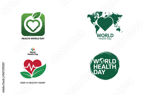 Set of Hand-drawn workd health day concept.World health day. Target of healthy and happy people and world.Vector Illustration of World health day. flat style design