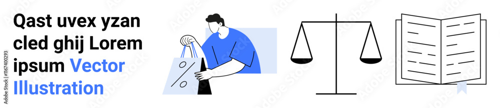Man analyzing documents, scales of justice, and open law book represent themes of analysis, justice, and information. Ideal for legal services, data evaluation, education, balance fairness Man analyzing documents, scales of justice, and open law book represent themes of analysis, justice, and information. Ideal for legal services, data evaluation, education, balance fairness