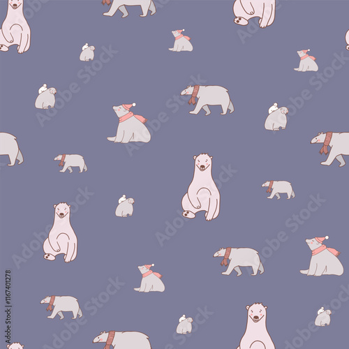 Blue Cute Polar Bear Seamless Pattern. Vector repeat pattern. Great for textiles, and designs for children.