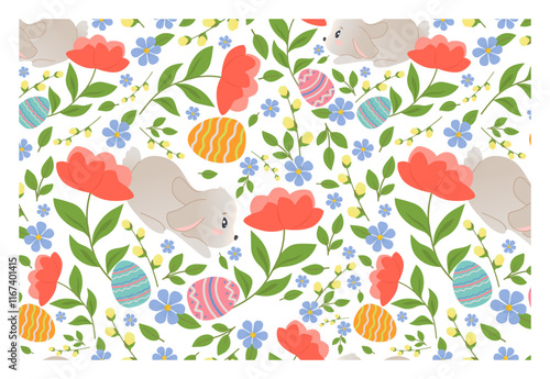 Fotografie Seamless pattern with hares and easter eggs on white background