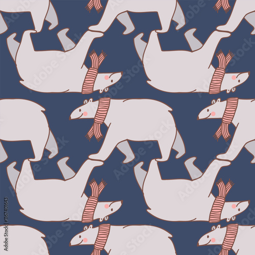 Blue Cute Polar Bear Seamless Pattern. Vector repeat pattern. Great for textiles, and designs for children.