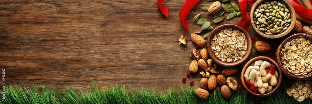Variety of nuts, seeds, and grains arranged in bowls on rustic wooden table with decorative ribbon Variety of nuts, seeds, and grains arranged in bowls on rustic wooden table with decorative ribbon
