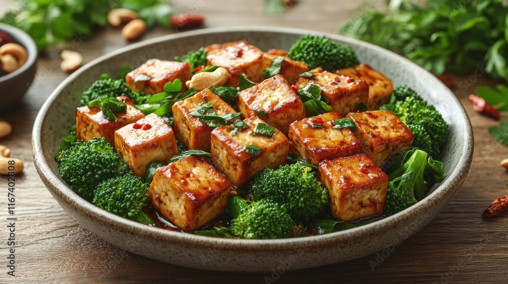 Fototapeta premium Tofu and broccoli dish garnished with herbs and spices