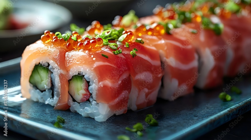 A long roll of sushi with a lot of garnish on it A long roll of sushi with a lot of garnish on it