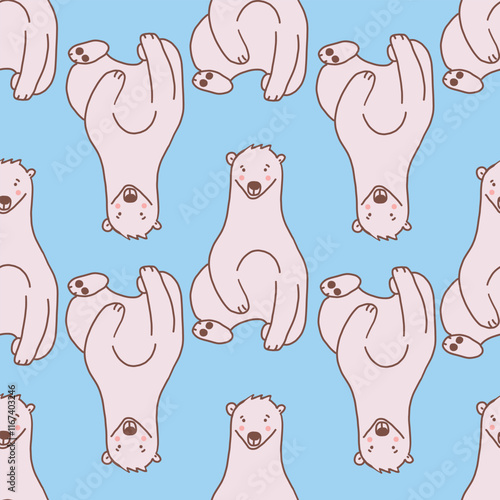 Blue Cute Polar Bear Seamless Pattern. Vector repeat pattern. Great for textiles, and designs for children.