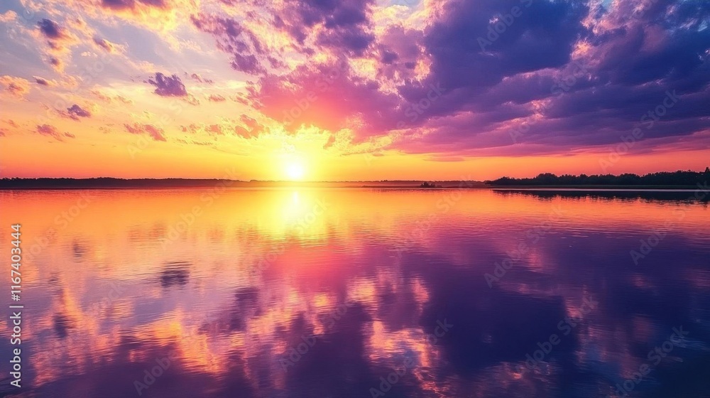 A vibrant sunset reflecting on a calm body of water. A vibrant sunset reflecting on a calm body of water.
