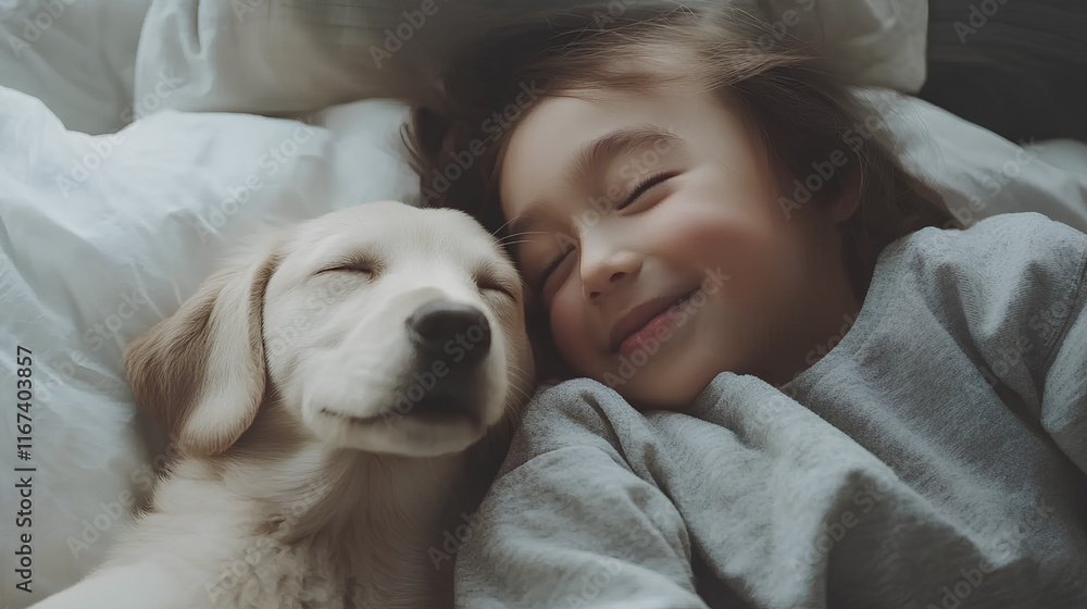 A joyful child lies next to a golden retriever puppy on a fluffy blanket. They share a moment of warmth, both appearing content and happy in their cozy surroundings. A joyful child lies next to a golden retriever puppy on a fluffy blanket. They share a moment of warmth, both appearing content and happy in their cozy surroundings.