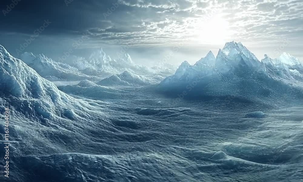 Serene Arctic Landscape: Icy Peaks and a Bright, Cloudy Sky