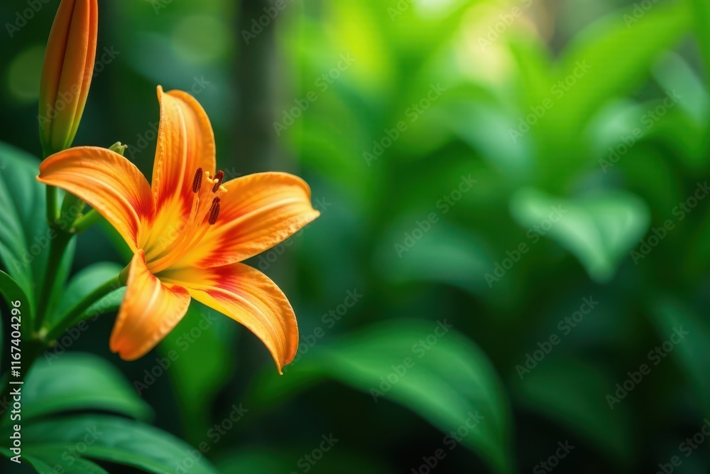 Obraz premium Vibrant orange lily, lush green foliage backdrop, botanical, outdoor, green