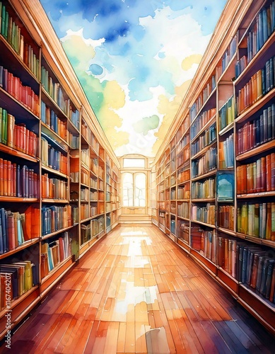 A watercolor library with endless shelves stretching into a dreamy horizon with empty copy space