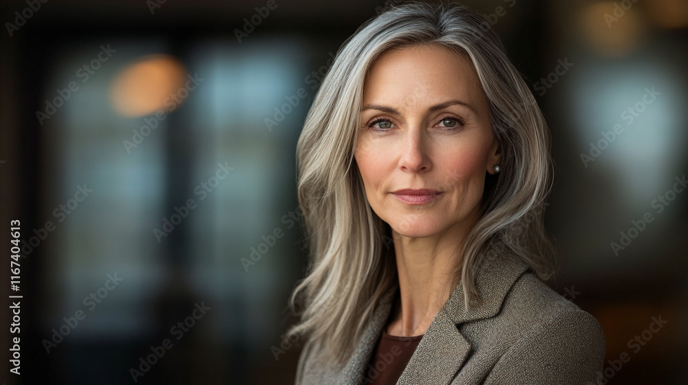 Portrait of a confident woman with silver hair in a professional setting Portrait of a confident woman with silver hair in a professional setting