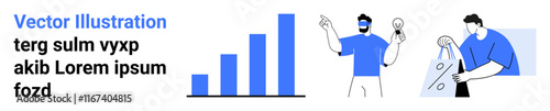 Bar chart showing growth data, man generating ideas with light bulb, woman shopping and holding a bag. Ideal for business growth, creativity, shopping, sales, planning strategy success. Landing photo