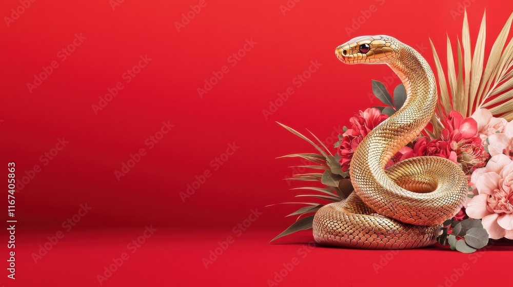 Obraz premium Chinese New Year 2025, A golden snake is elegantly positioned among vibrant flowers against a bold red background, creating a striking visual contrast.