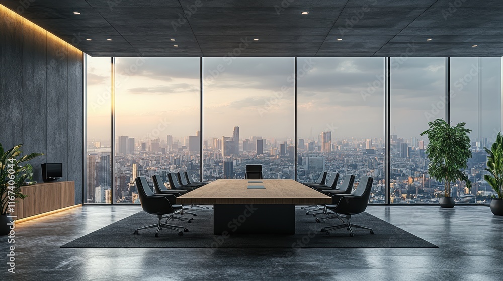 Fototapeta premium minimalist open-plan office interior, featuring floor-to-ceiling windows overlooking a modern city