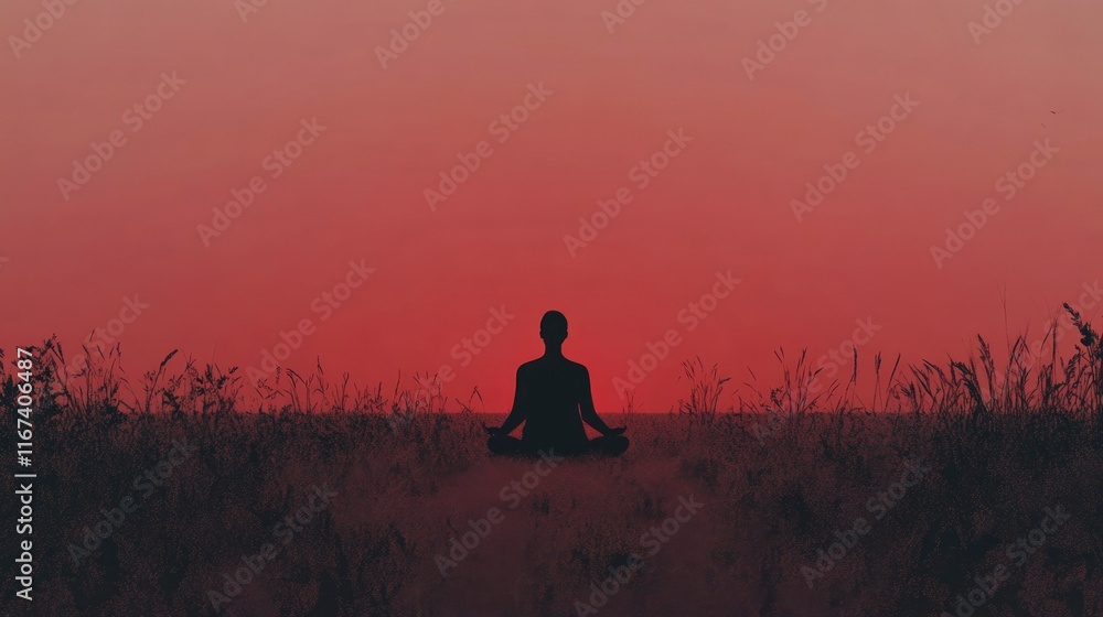 Fototapeta premium Serene Silhouette Meditating During Sunset In Field