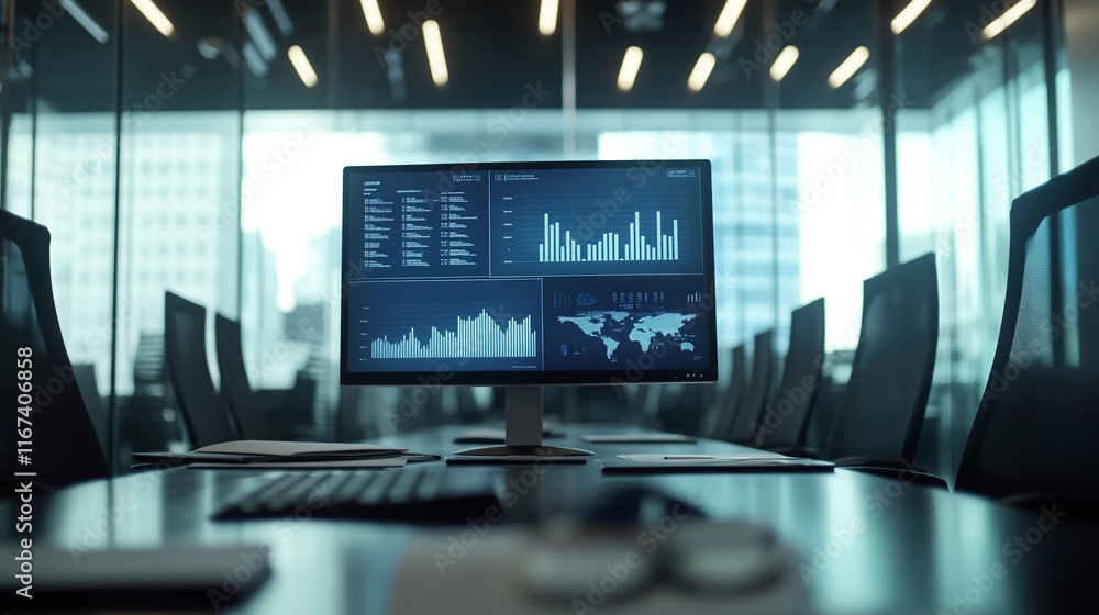 Data analysis setup in a modern office with multiple displays and a sleek design Data analysis setup in a modern office with multiple displays and a sleek design