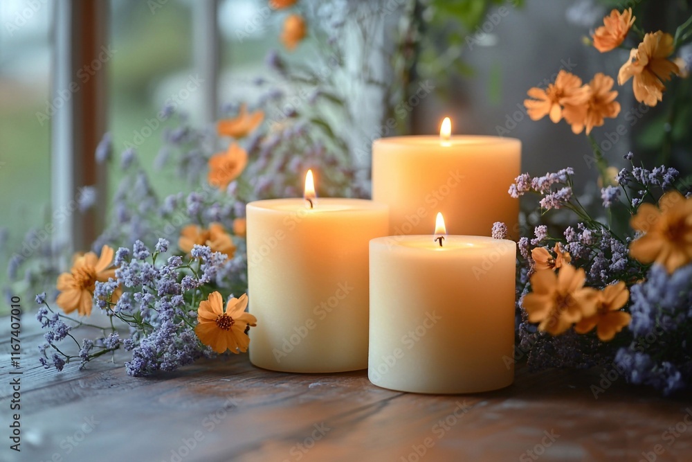 christmas still life with candle and decorations