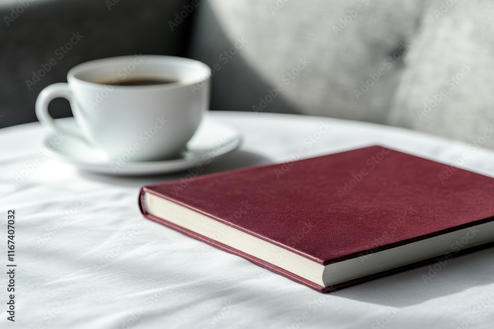 Naklejka premium コーヒーと本がテーブルに置かれた静かな午後のひととき