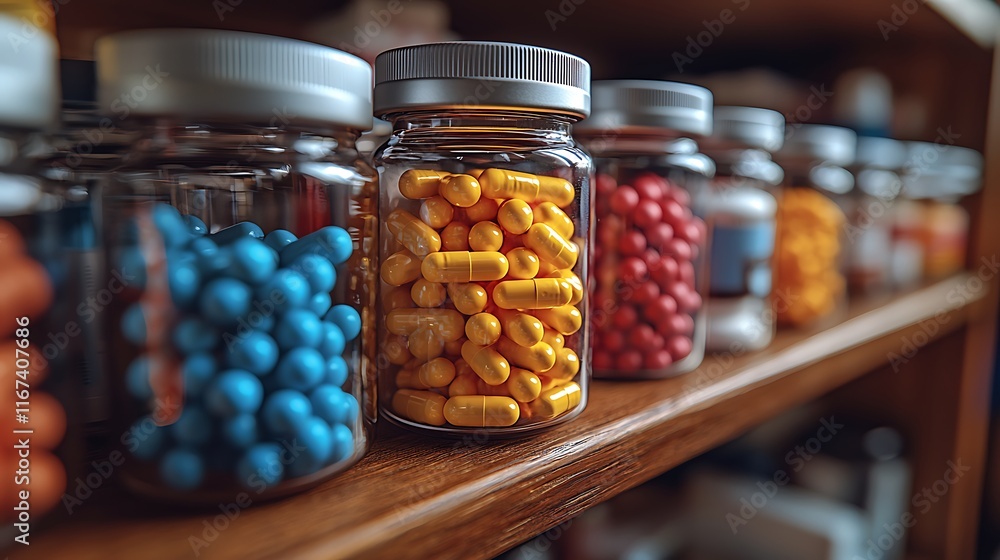Colorful Capsules In Glass Jars On Wooden Shelf Colorful Capsules In Glass Jars On Wooden Shelf