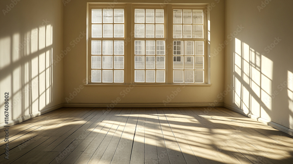 Natural light pours through large windows into a minimalistic empty room with wooden floors Natural light pours through large windows into a minimalistic empty room with wooden floors