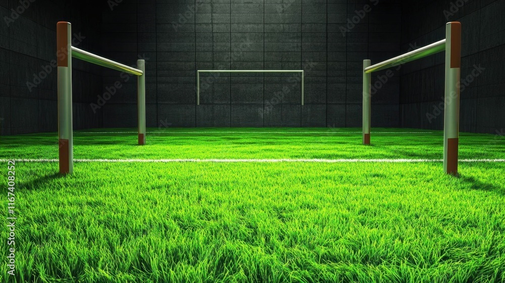 A soccer field with goalposts in a dimly lit environment. A soccer field with goalposts in a dimly lit environment.