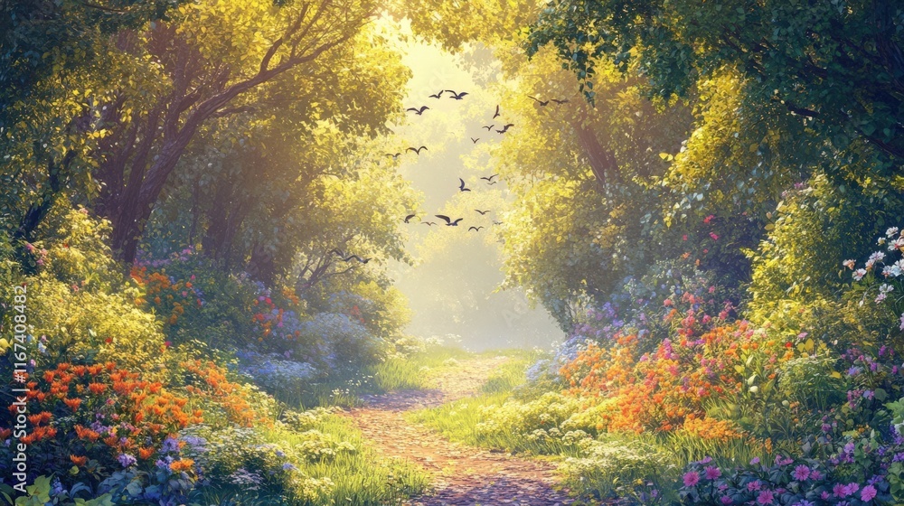 A peaceful path through a vibrant forest, illuminated by golden sunlight and filled with blooming flowers and singing birds. A peaceful path through a vibrant forest, illuminated by golden sunlight and filled with blooming flowers and singing birds.