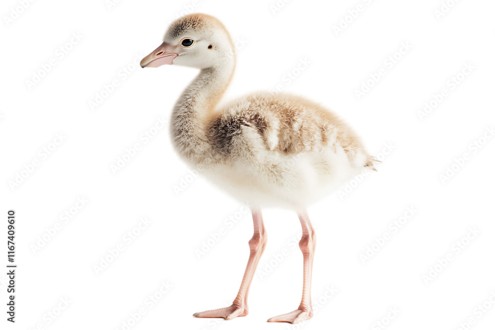 A young flamingo chick standing upright, showcasing its fluffy feathers and long legs. A young flamingo chick standing upright, showcasing its fluffy feathers and long legs.