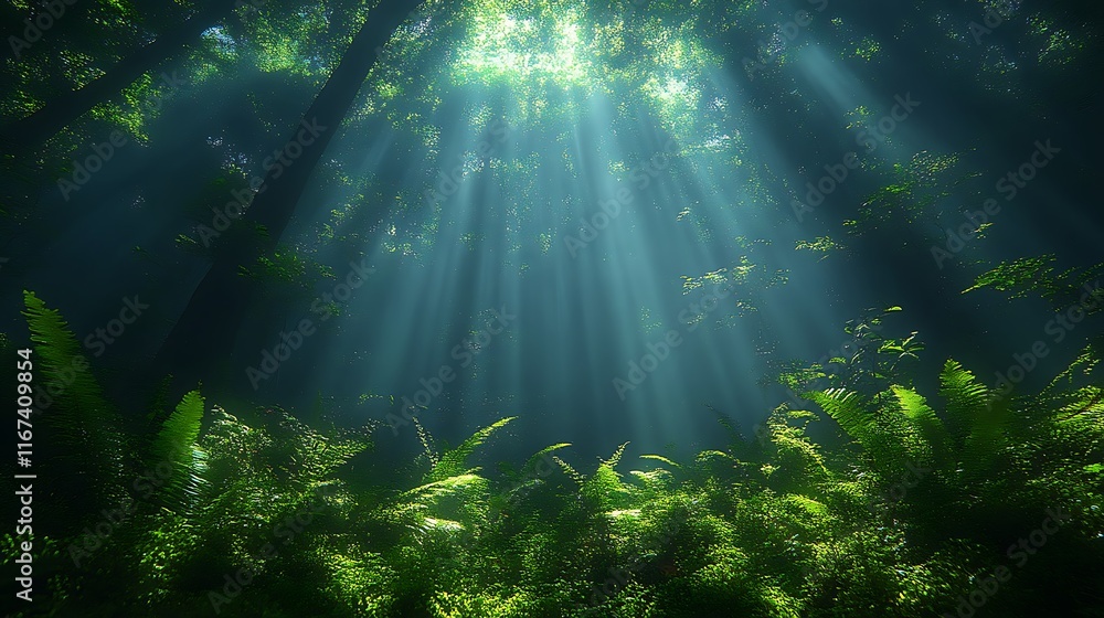 Fototapeta premium Sunbeams pierce a lush, green forest canopy.