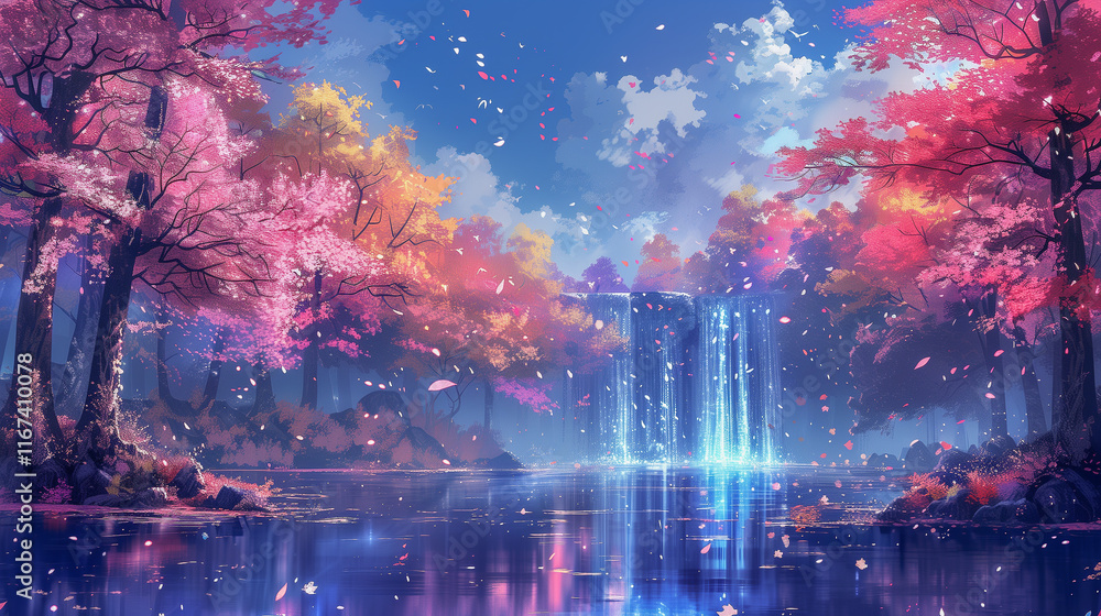 Obraz premium Enchanting Forest Waterfall with Vibrant Blossoms..