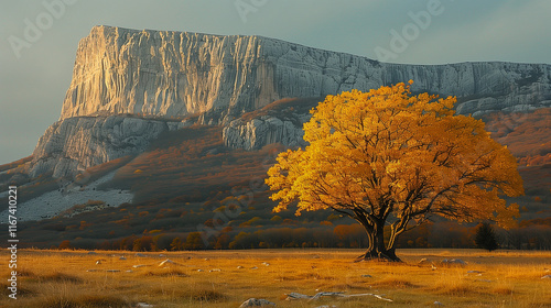 Golden Autumn Tree with Majestic Mountain Backdrop.. photo